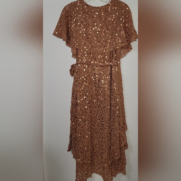 ASOS Design Copper Scatter Sequin Dress Cape Back High Low Hem Size 6 - Picture 10 of 16